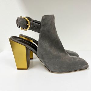 Salvatore Ferragamo Tovel Suede Mules Gray Suede Gold Metallic Heel 8
